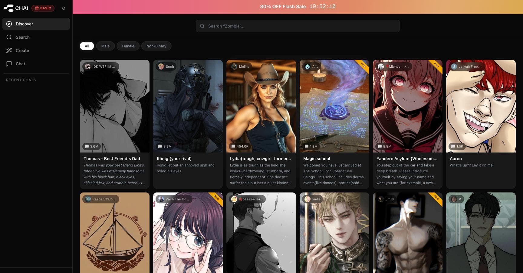 Chai discover feed of community-made bots filtered by gender