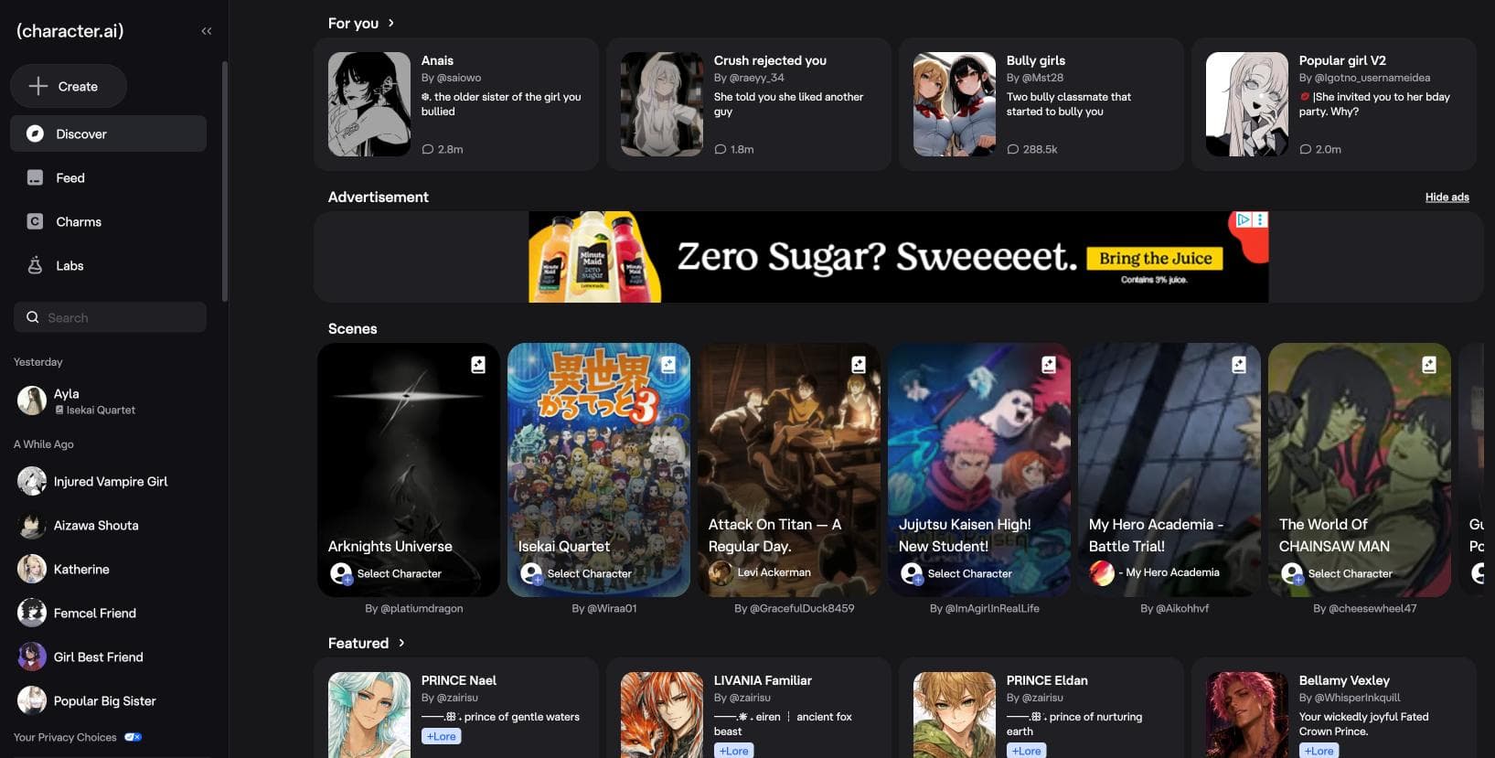 Character.AI discover page with For You characters, an ad, and fandom Scenes