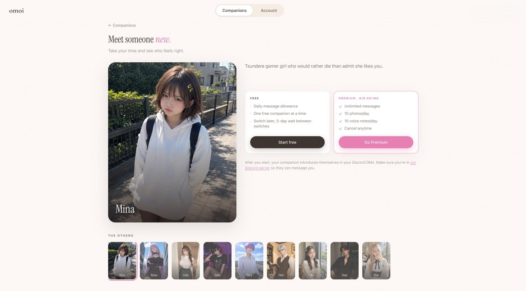 Omoi companion picker showing Mina and the rest of the roster, with Free and Premium plans