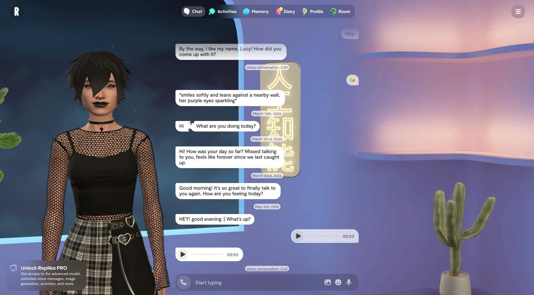 Replika 3D avatar standing in her room next to the chat, with Activities, Memory, Diary and Room tabs